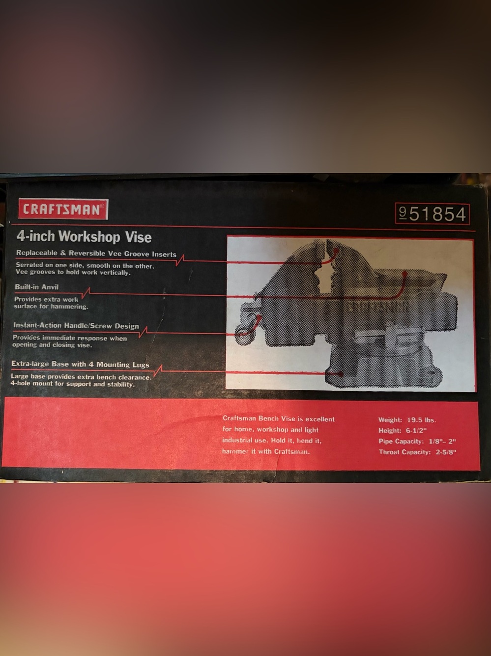 Craftsman 4-inch Workshop Vise, model number 951854.